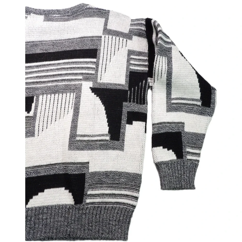 VTG Ashley Knit Sweater Men L Gray Black Abstract Geometric Leather Trim USA 90s